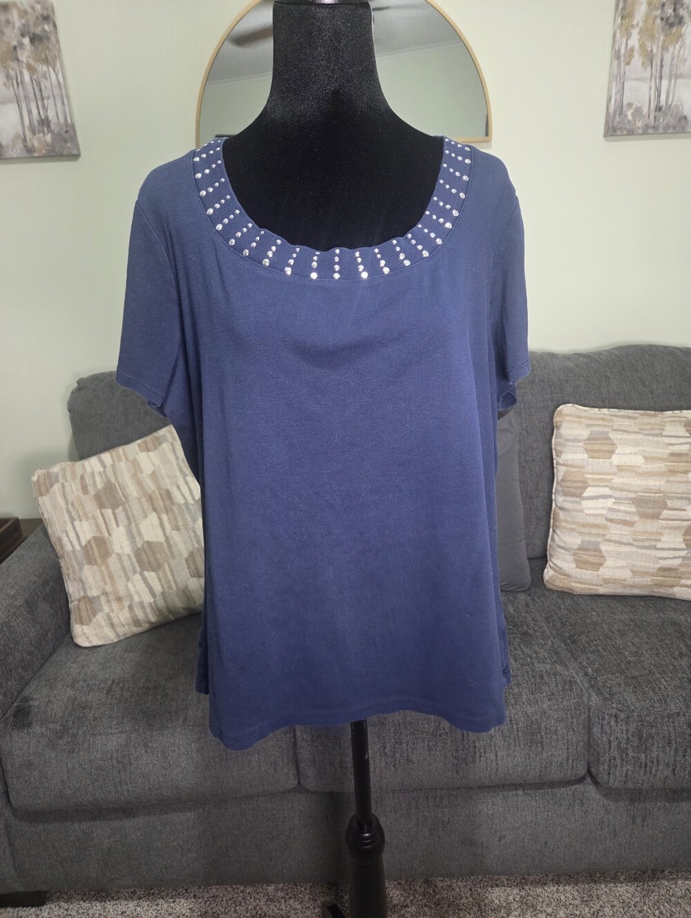dressbarn Navy Short Sleeve Top with Pearl-Studded Scoop Neck